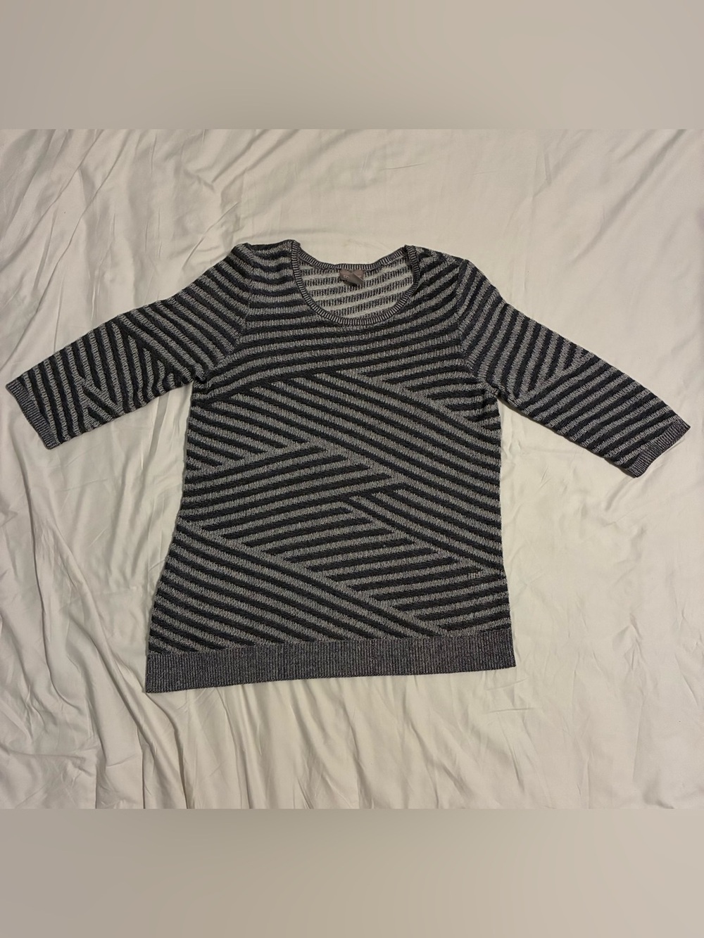 Chico's Black and Gray Geometric Stripe Scoopneck Sweater